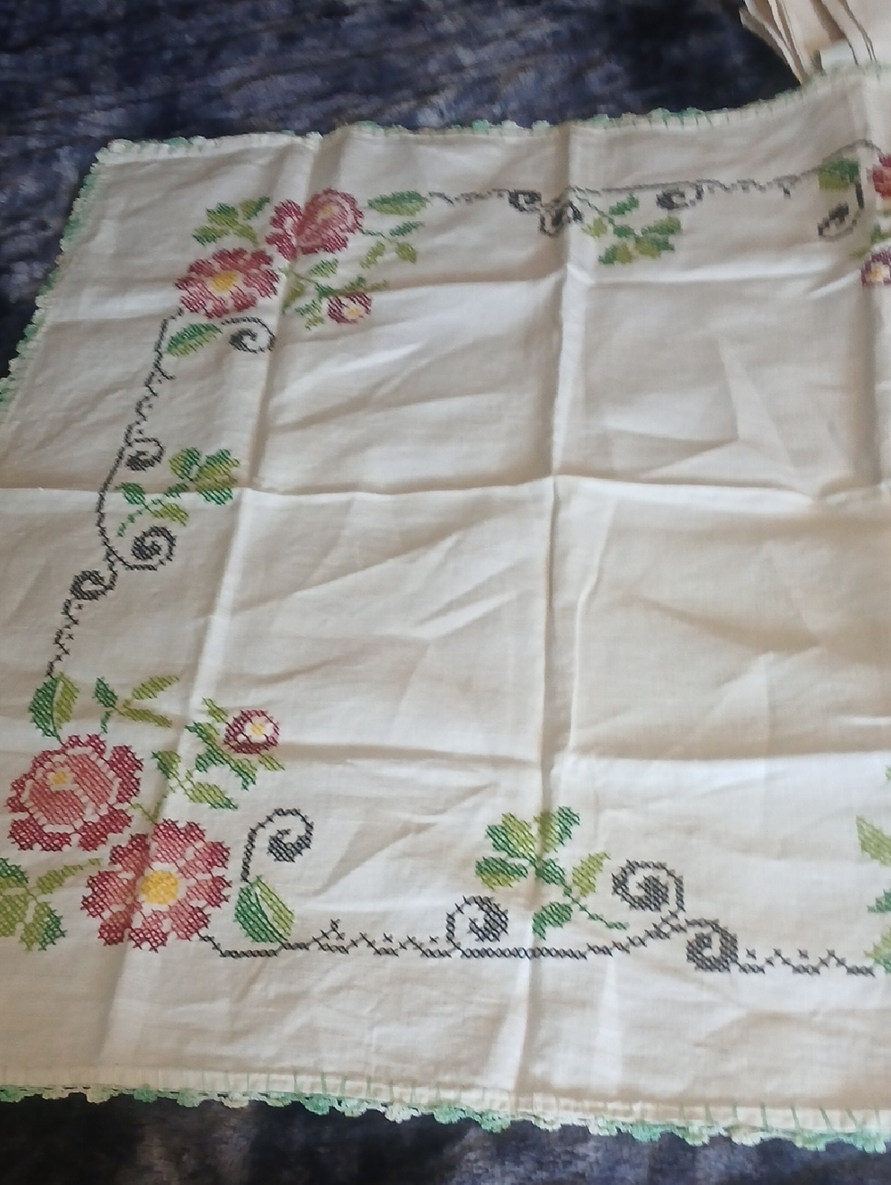 Embroidered Floral Linen Tablecloth with Crochet Edge